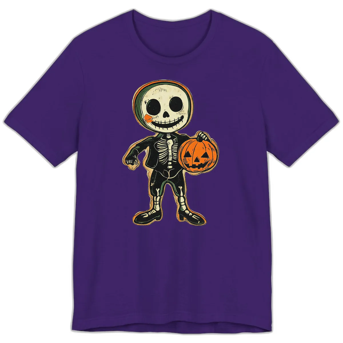 Skeleton Holding Pumpkin Premium T-Shirt in Team Purple