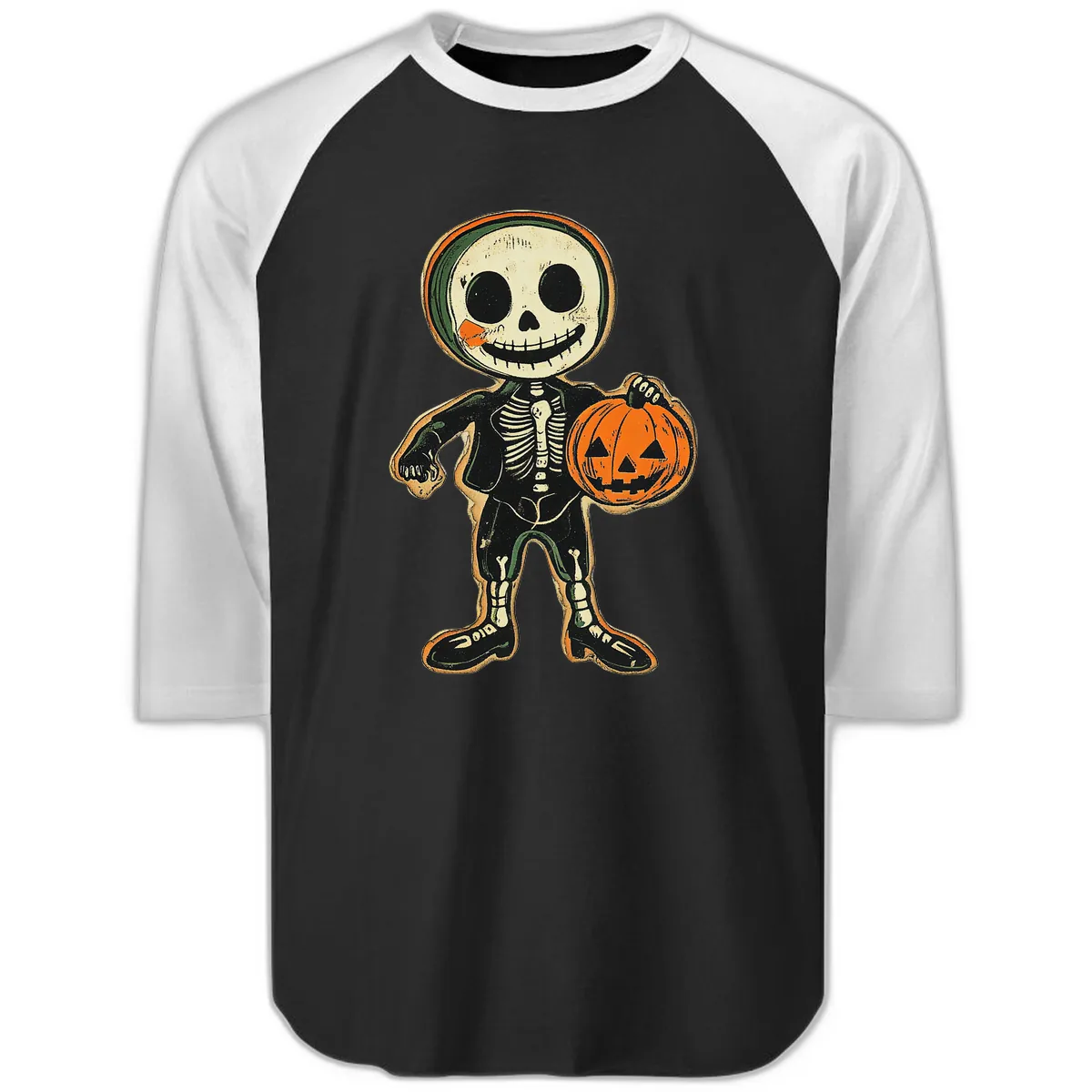 Skeleton Holding Pumpkin Raglan 3/4 in Black White