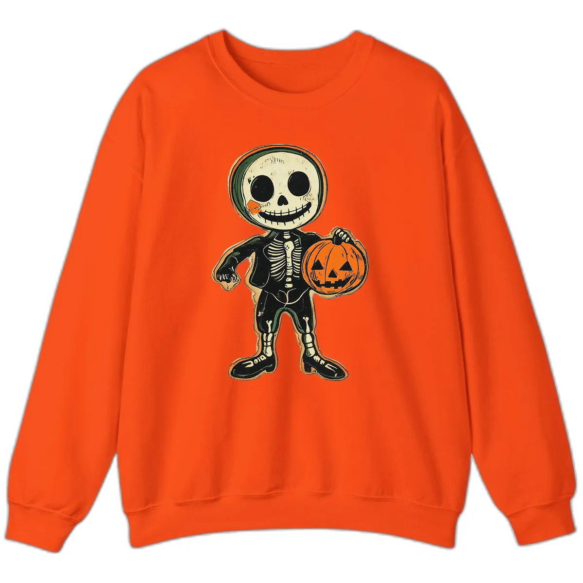 Skeleton Holding Pumpkin Sweatshirt in Orange