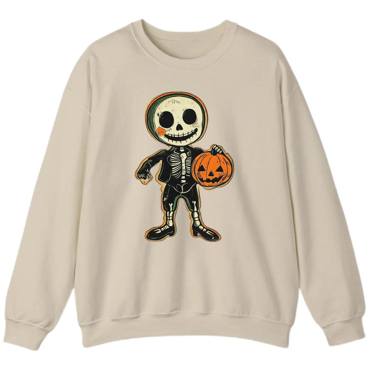 Skeleton Holding Pumpkin Sweatshirt in Sand
