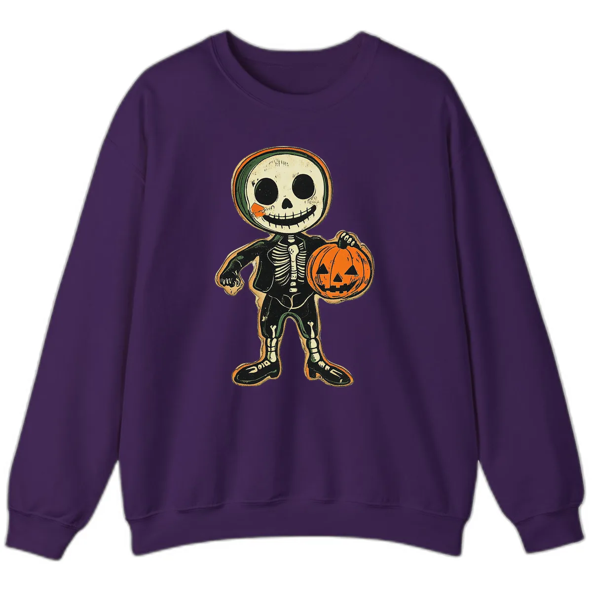 Skeleton Holding Pumpkin Sweatshirt in Purple