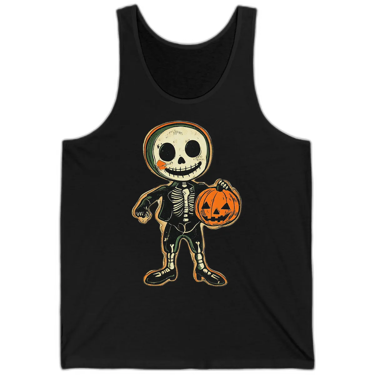 Skeleton Holding Pumpkin Tank in Black