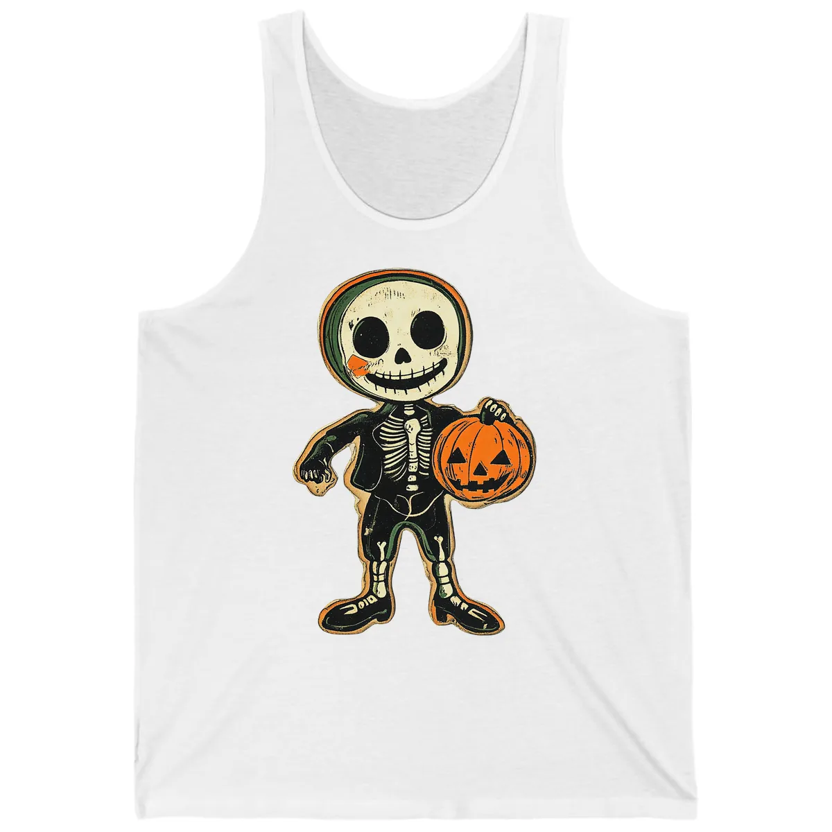 Skeleton Holding Pumpkin Tank in White