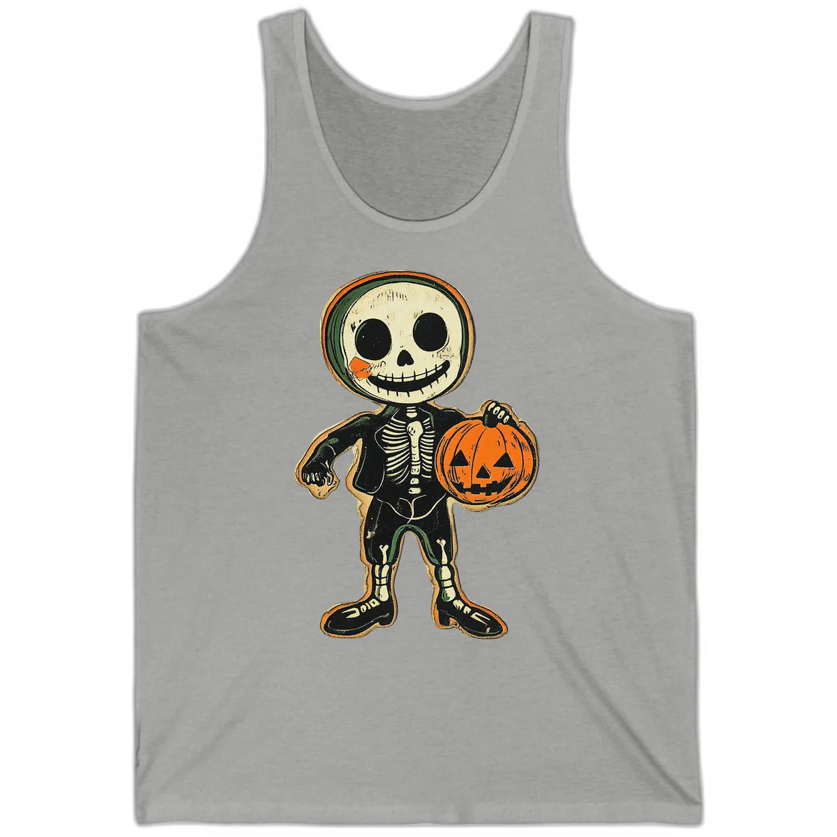 Skeleton Holding Pumpkin Tank in Athletic Heather