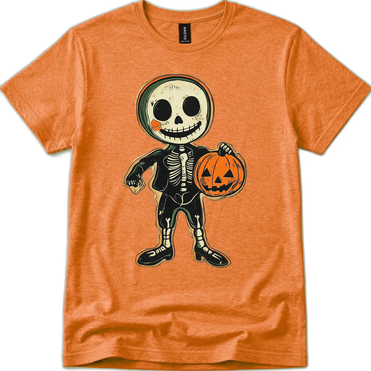 Skeleton Holding Pumpkin T-Shirt in Heather Orange