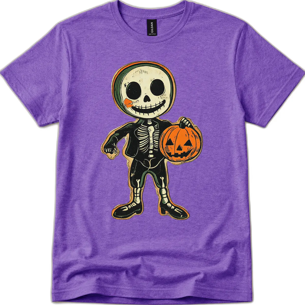 Skeleton Holding Pumpkin T-Shirt in Heather Purple
