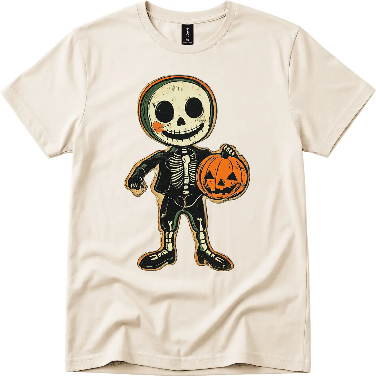 Skeleton Holding Pumpkin T-Shirt in Natural