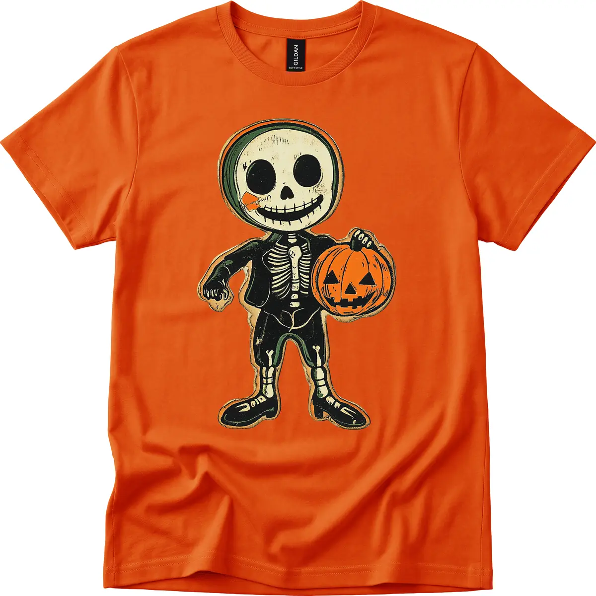 Skeleton Holding Pumpkin T-Shirt in Orange