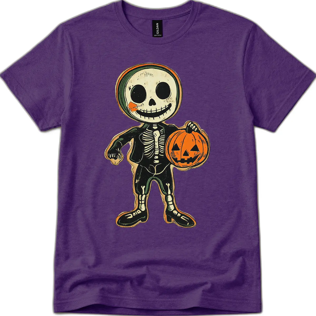 Skeleton Holding Pumpkin T-Shirt in Purple