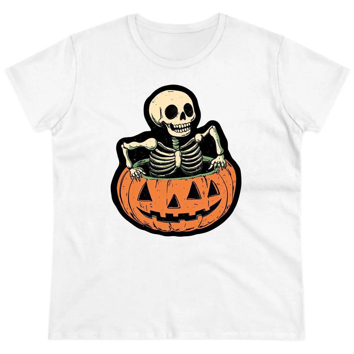 Skeleton In Pumpkin Patch Ladies Tee in White