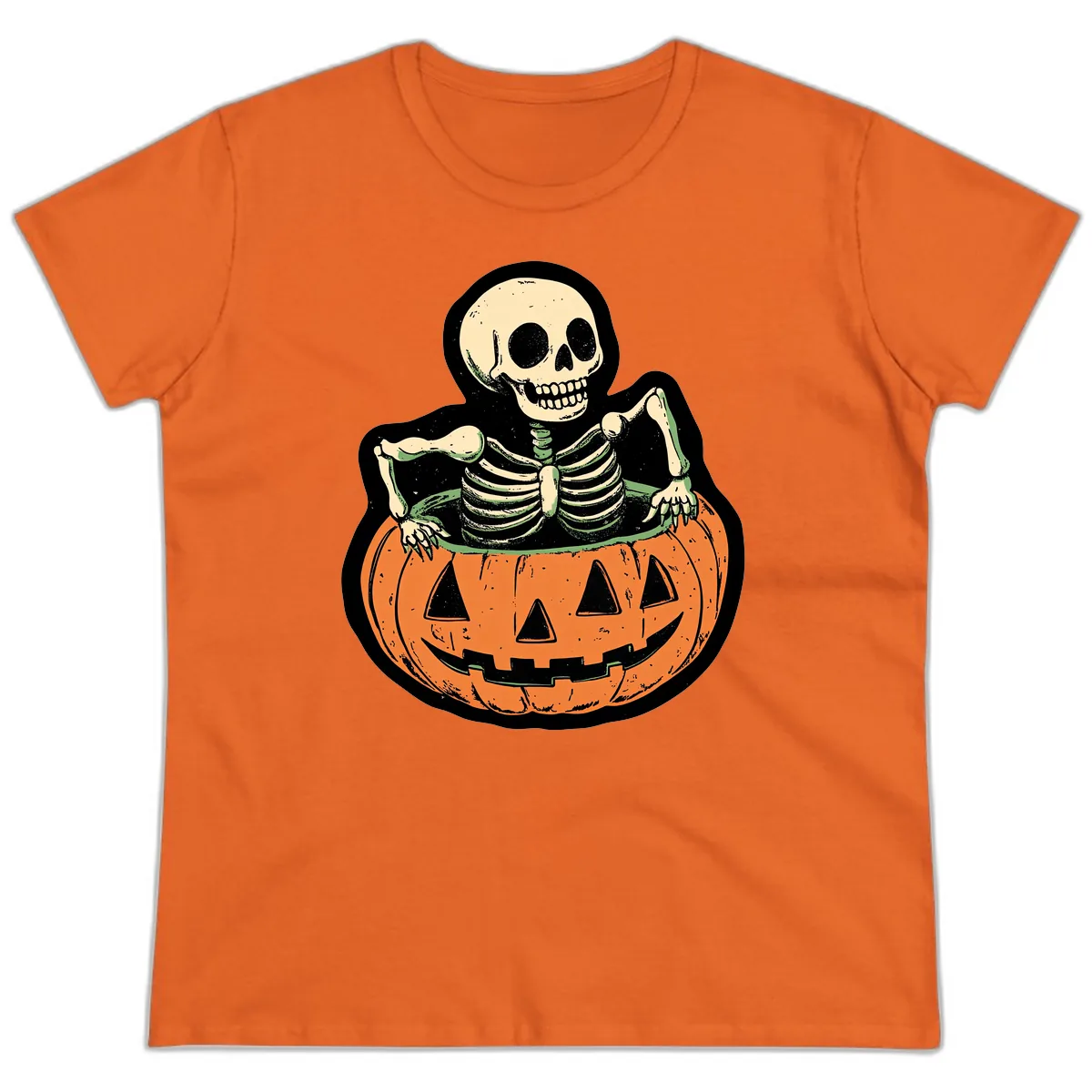 Skeleton In Pumpkin Patch Ladies Tee in Orange