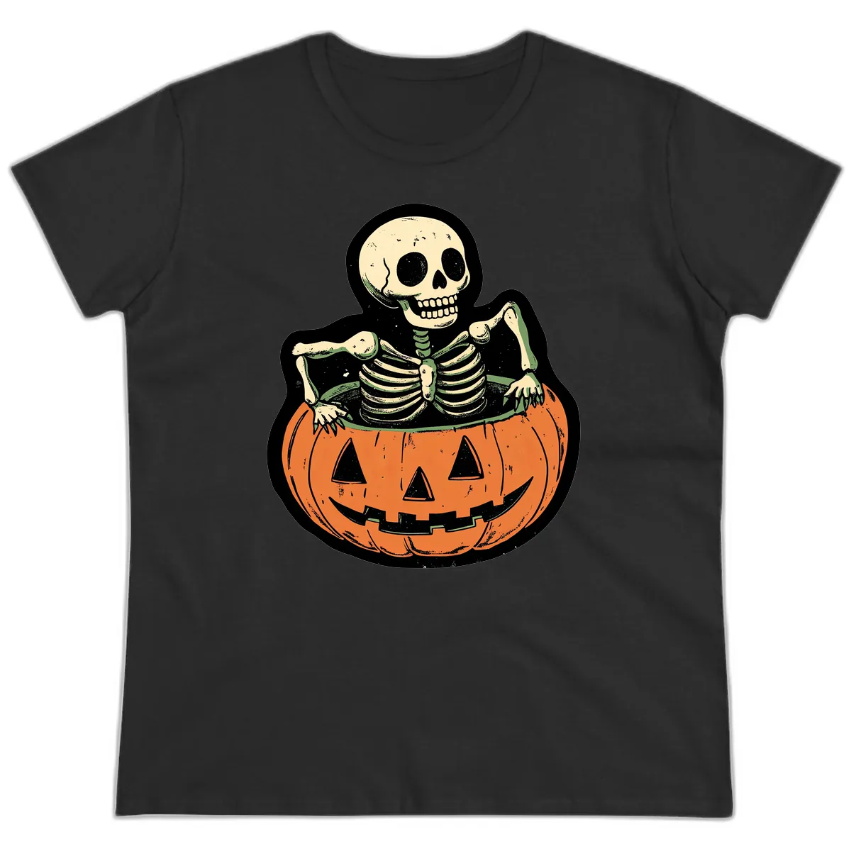 Skeleton In A Pumpkin Patch Ladies Tee in Black