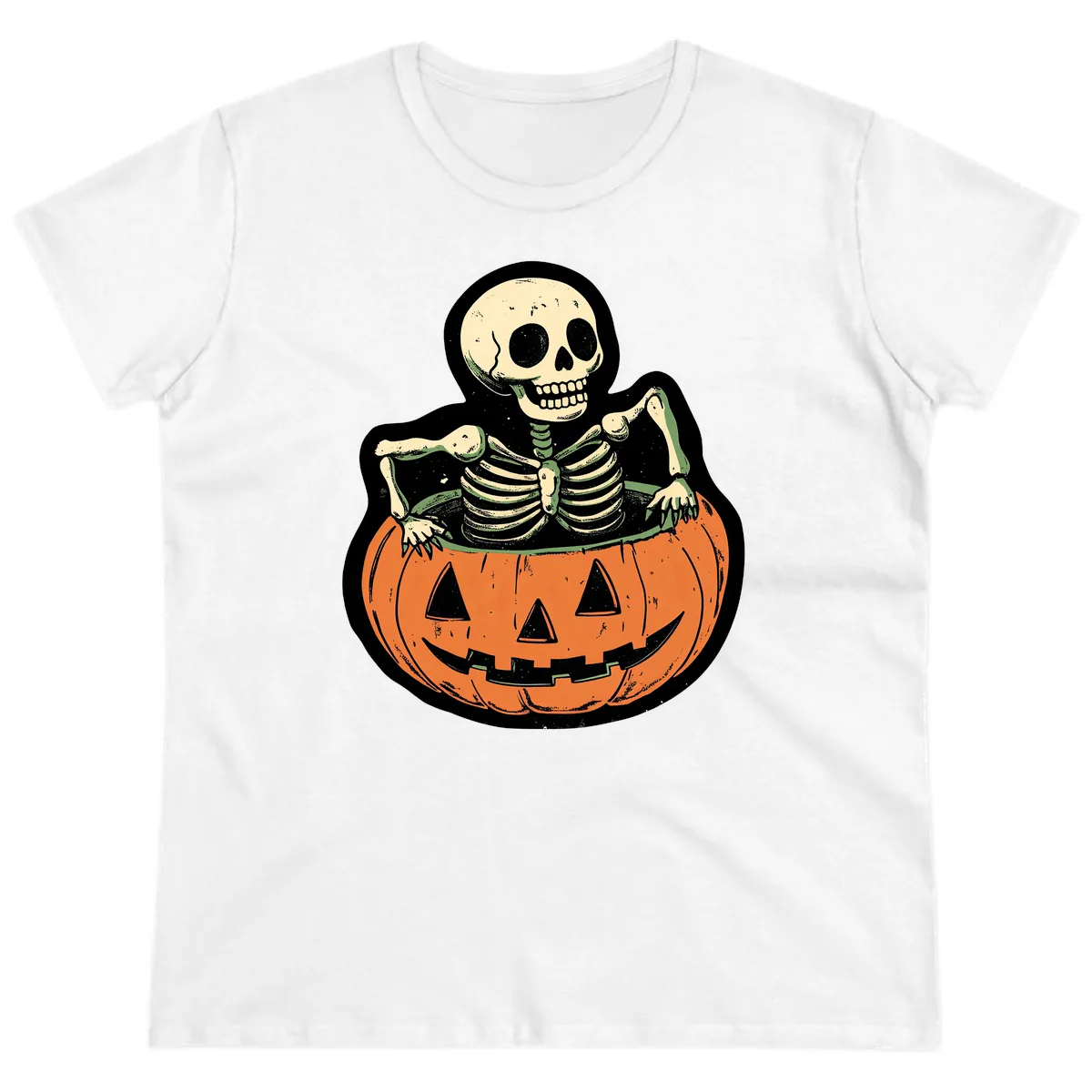 Skeleton In A Pumpkin Patch Ladies Tee in White