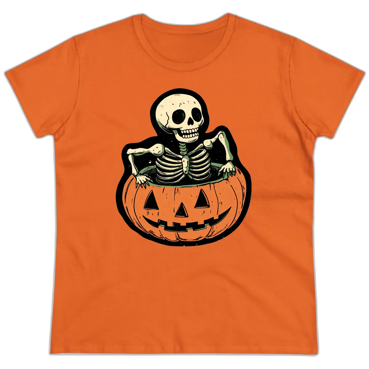 Skeleton In A Pumpkin Patch Ladies Tee in Orange
