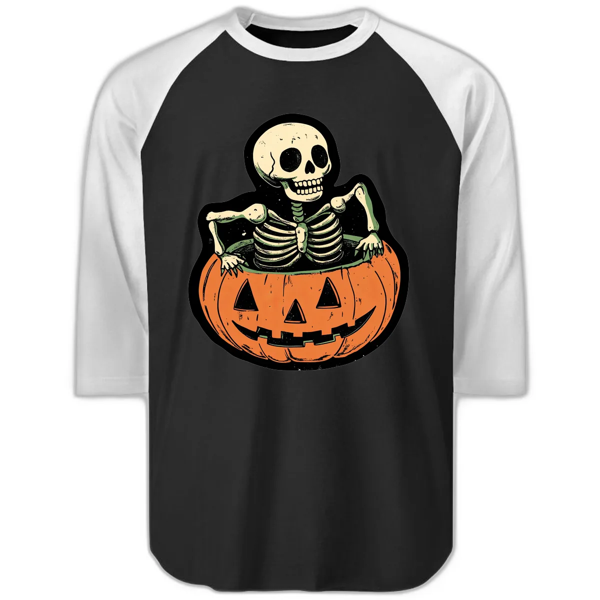 Skeleton In A Pumpkin Patch Raglan 3/4 in Black White