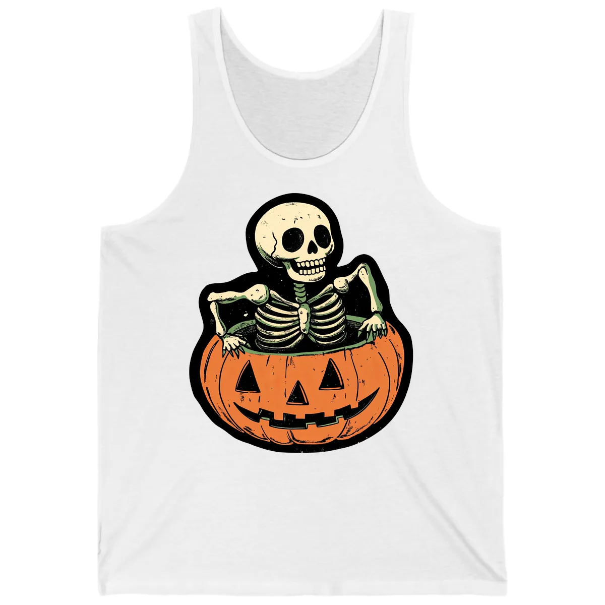 Skeleton In A Pumpkin Patch Tank in White