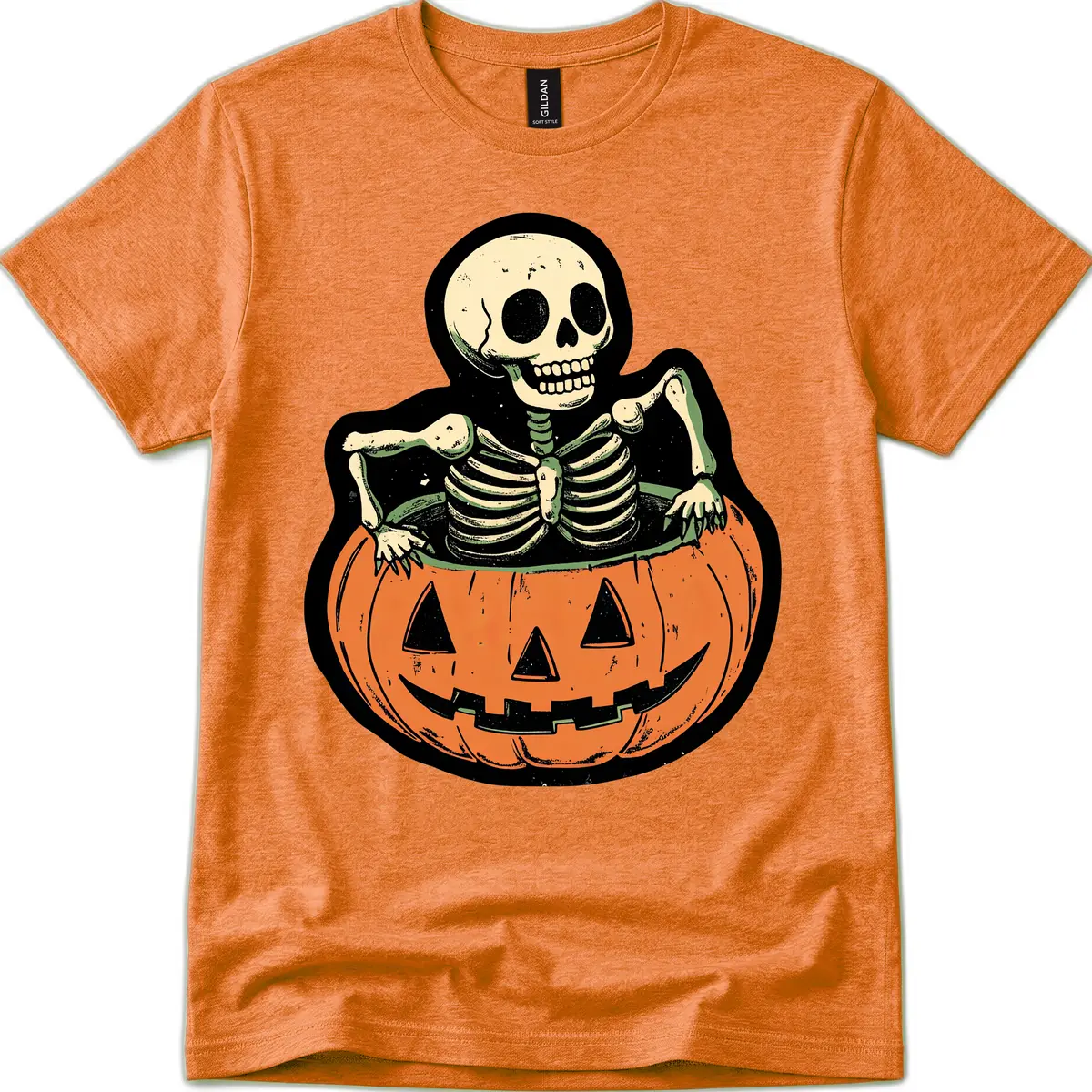 Skeleton In A Pumpkin Patch T-Shirt in Heather Orange