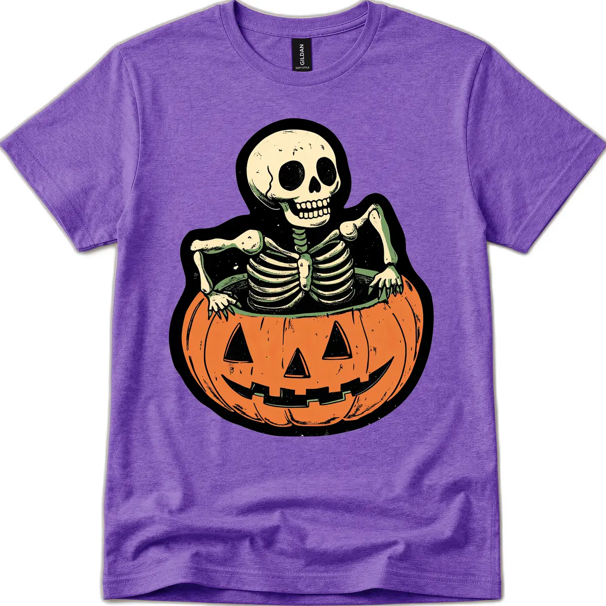Skeleton In A Pumpkin Patch T-Shirt in Heather Purple
