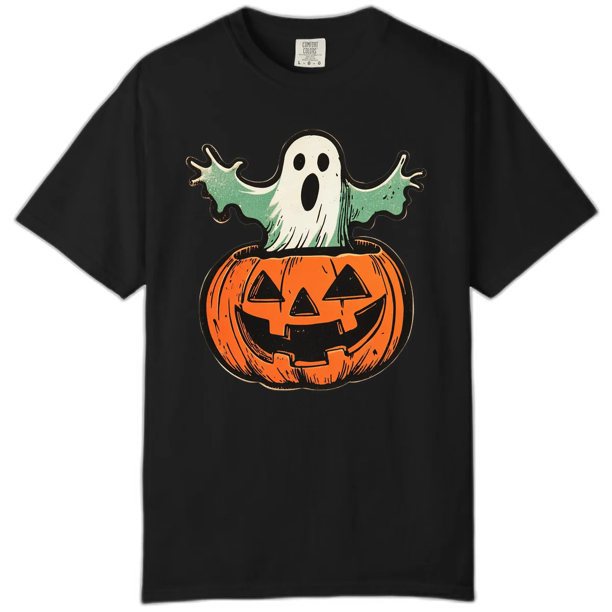 Spooky Ghost Peeking From Pumpkin Comfort Color in Black