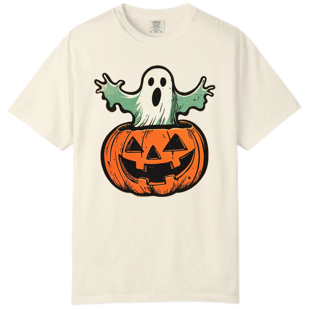 Spooky Ghost Peeking From Pumpkin Comfort Color in Ivory