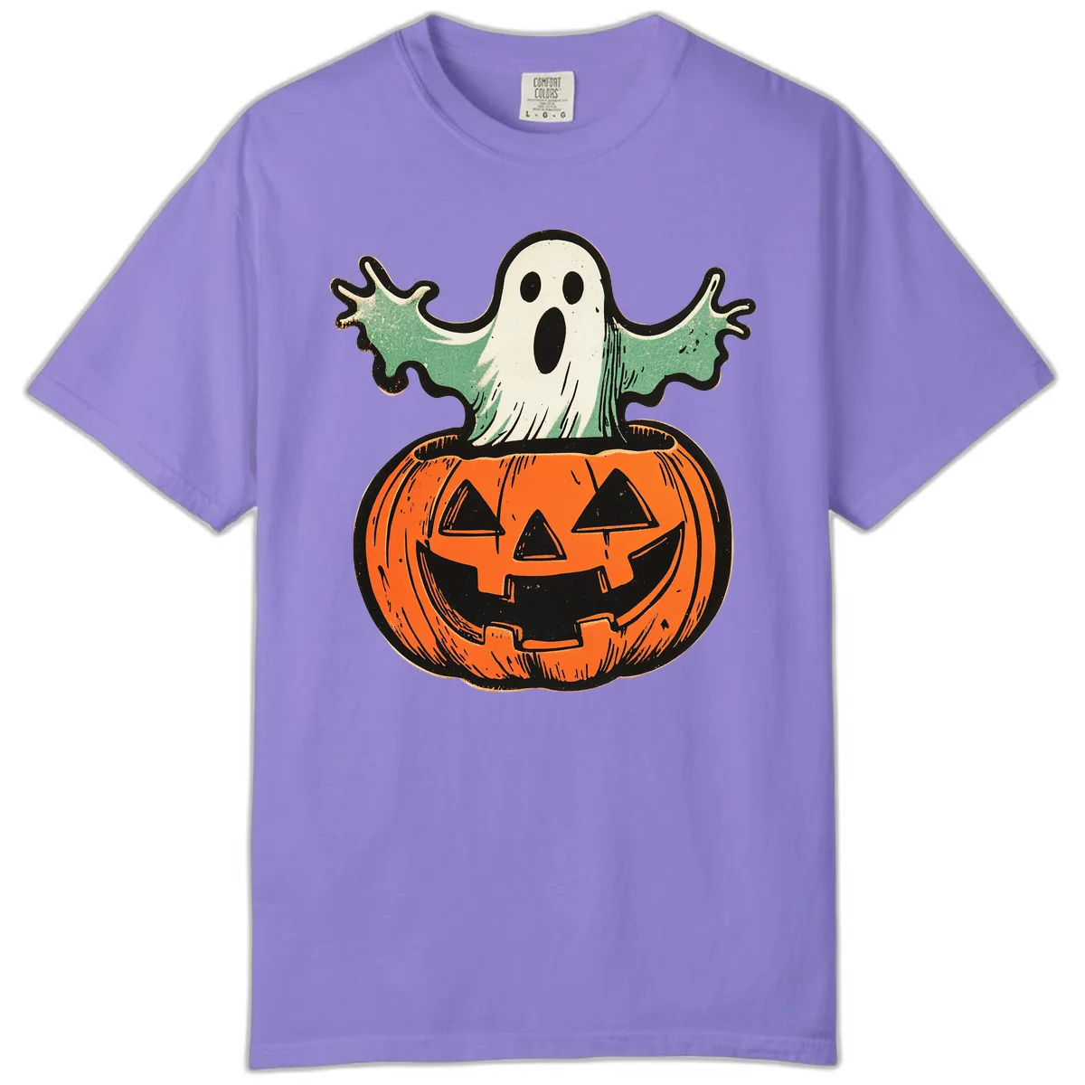 Spooky Ghost Peeking From Pumpkin Comfort Color in Violet