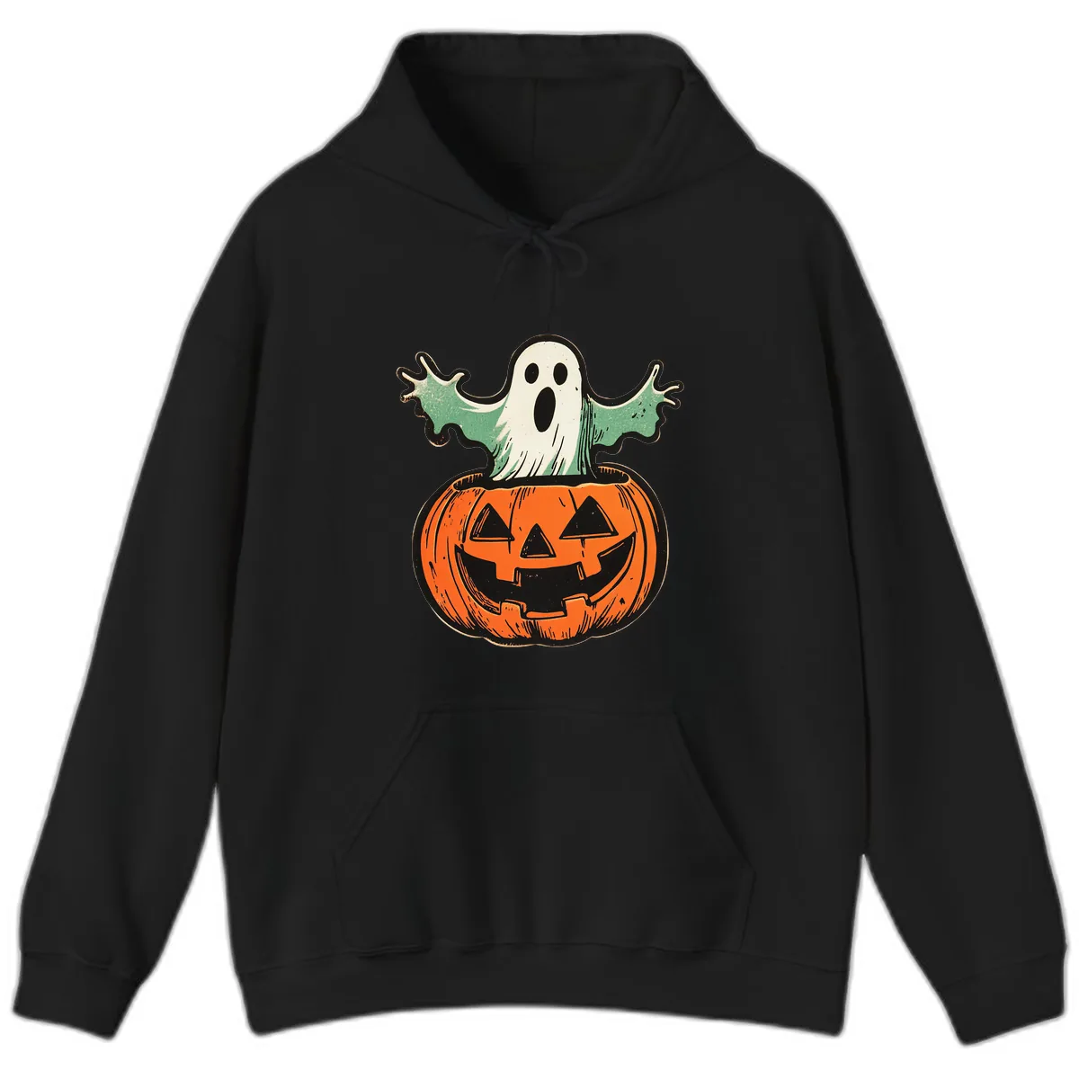 Spooky Ghost Peeking From Pumpkin Hoodie in Black