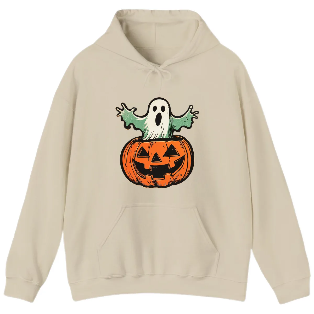 Spooky Ghost Peeking From Pumpkin Hoodie in Sand