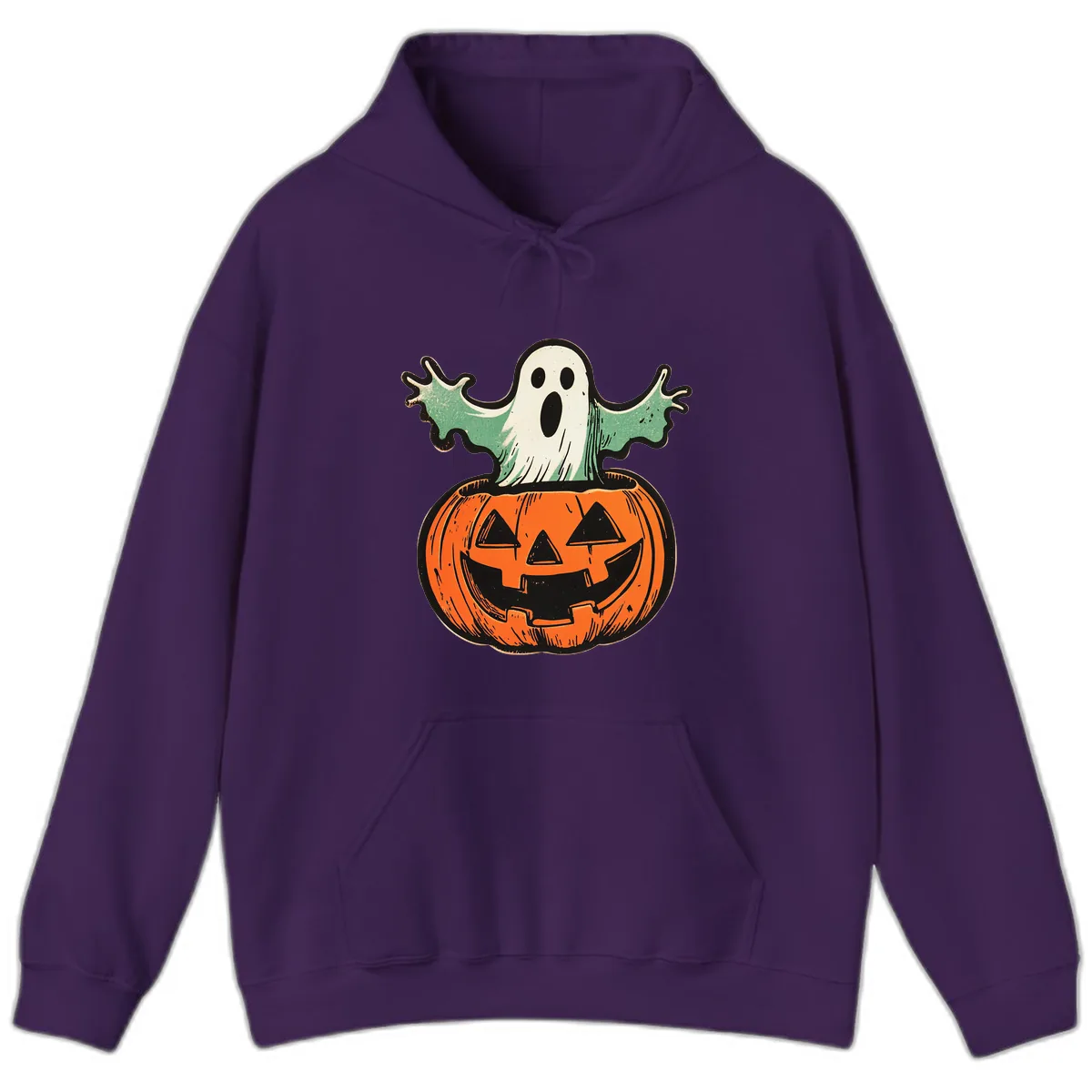 Spooky Ghost Peeking From Pumpkin Hoodie in Purple