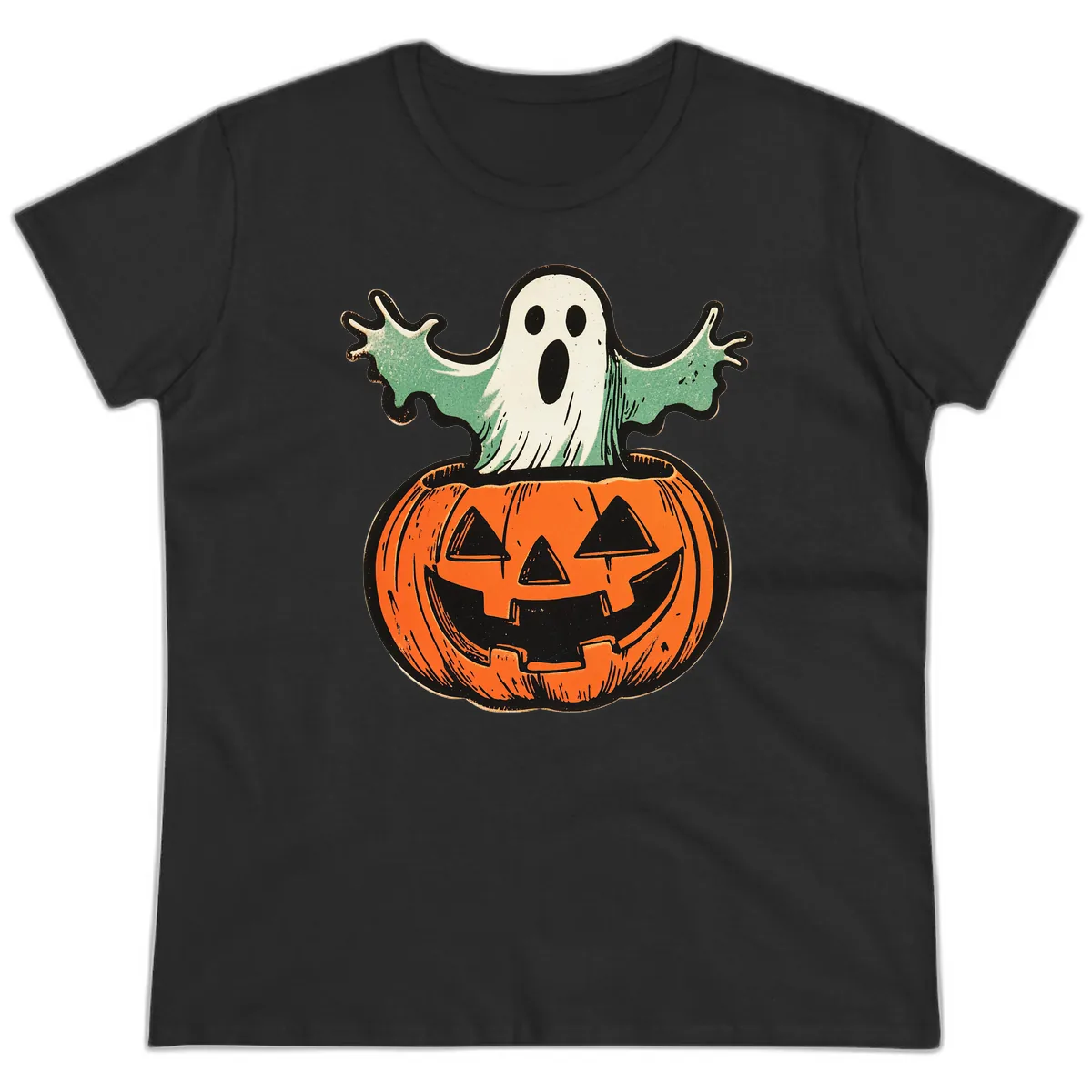 Spooky Ghost Peeking From Pumpkin Ladies Tee in Black