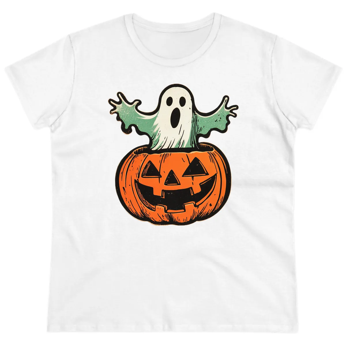 Spooky Ghost Peeking From Pumpkin Ladies Tee in White