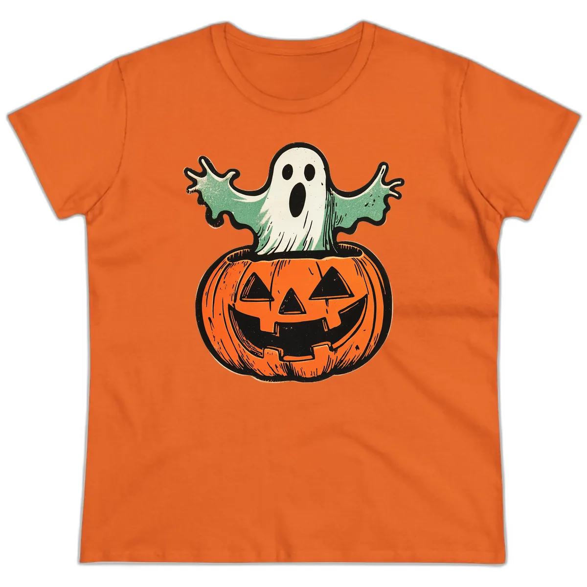 Spooky Ghost Peeking From Pumpkin Ladies Tee in Orange