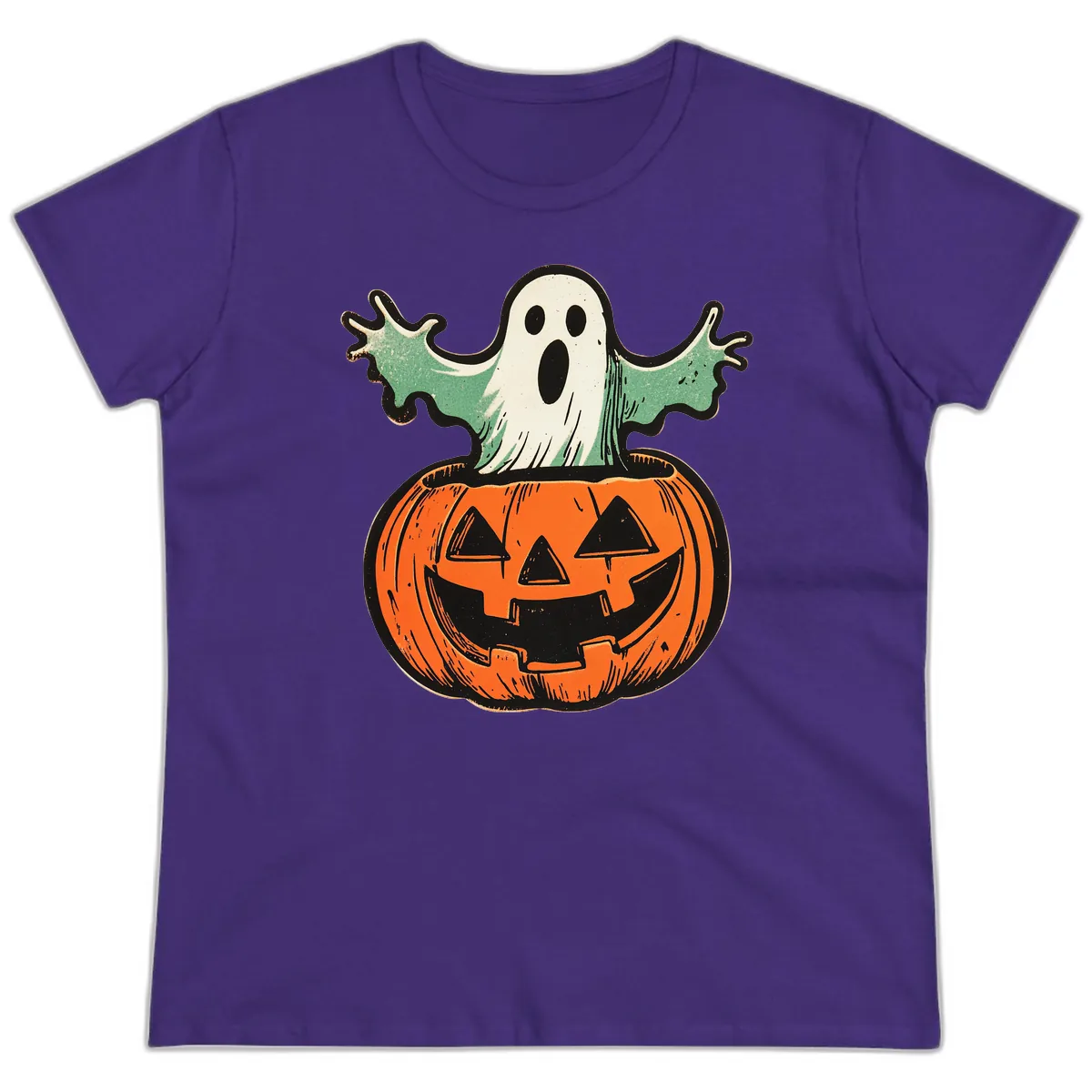 Spooky Ghost Peeking From Pumpkin Ladies Tee in Purple