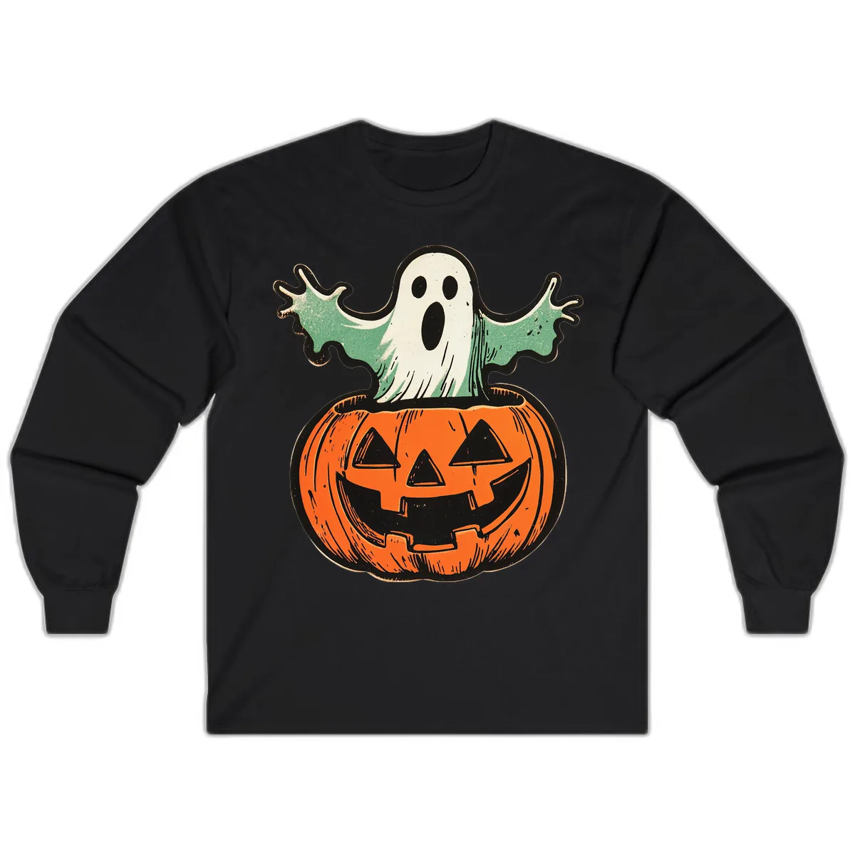 Spooky Ghost Peeking From Pumpkin Long Sleeve in Black