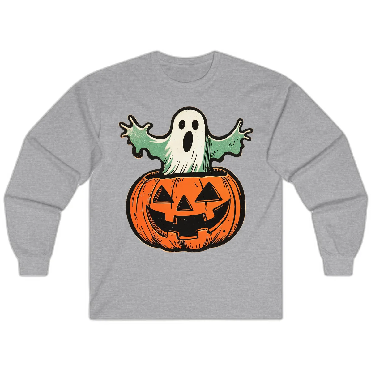 Spooky Ghost Peeking From Pumpkin Long Sleeve in Sport Grey
