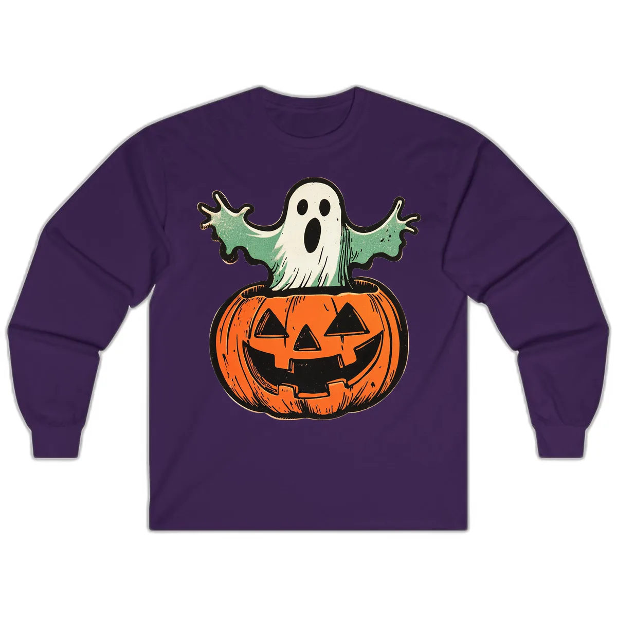 Spooky Ghost Peeking From Pumpkin Long Sleeve in Purple