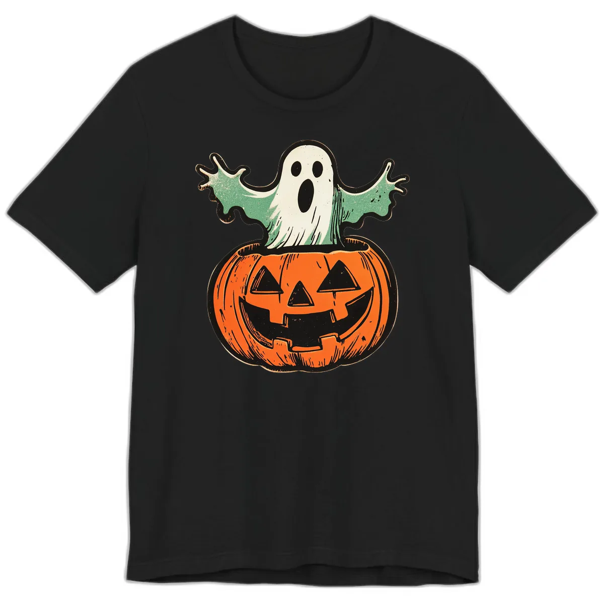 Spooky Ghost Peeking From Pumpkin Premium T-Shirt in Black
