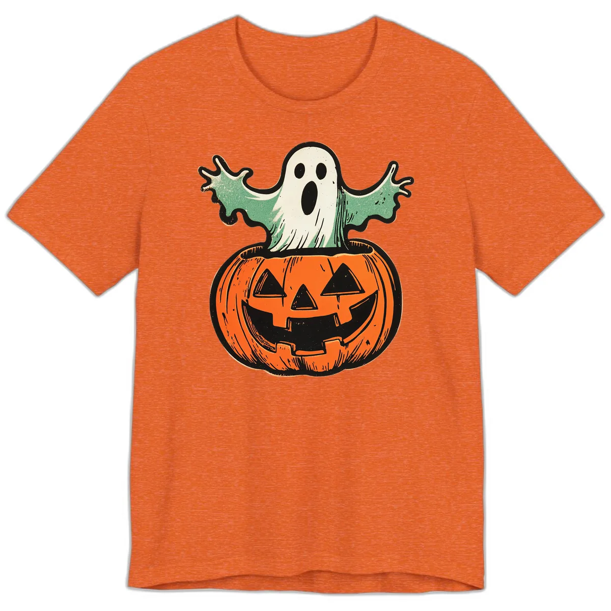 Spooky Ghost Peeking From Pumpkin Premium T-Shirt in Heather Orange