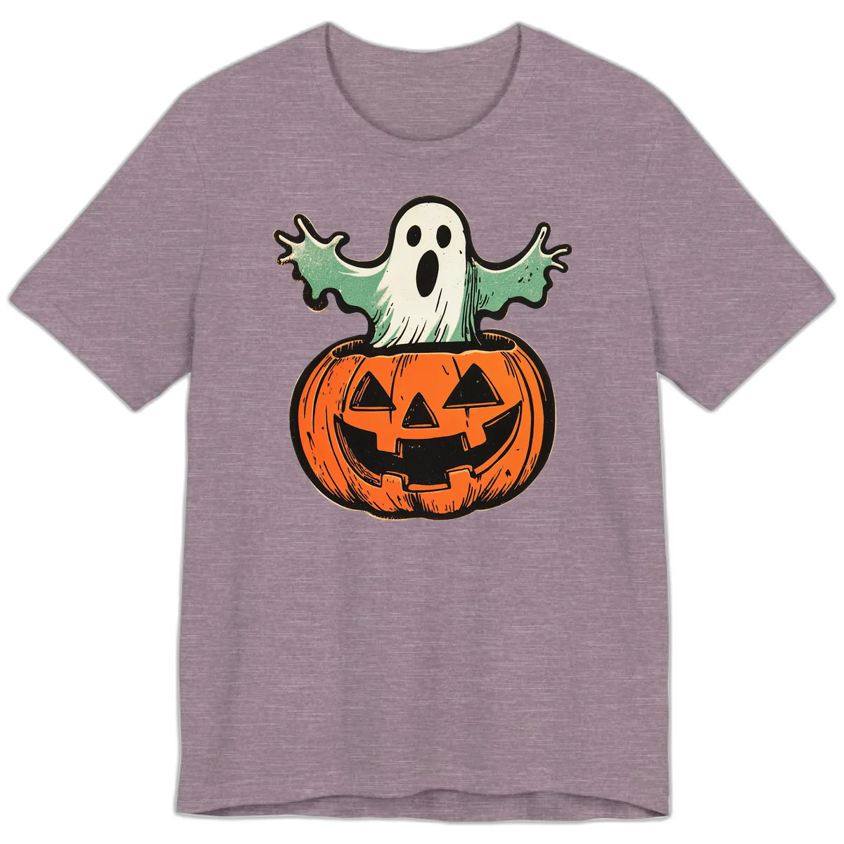 Spooky Ghost Peeking From Pumpkin Premium T-Shirt in Heather Purple
