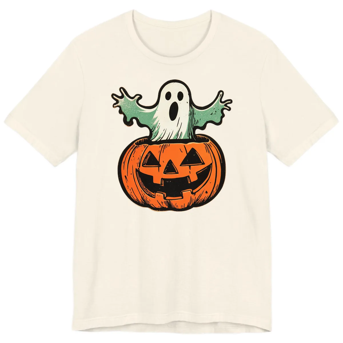 Spooky Ghost Peeking From Pumpkin Premium T-Shirt in Natural
