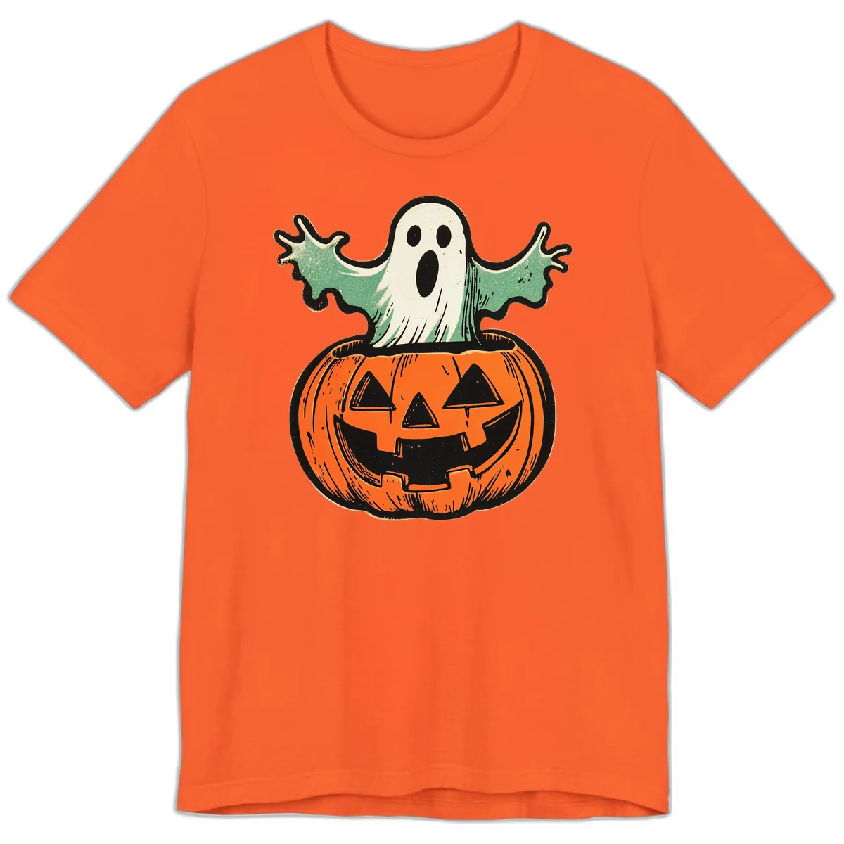 Spooky Ghost Peeking From Pumpkin Premium T-Shirt in Orange