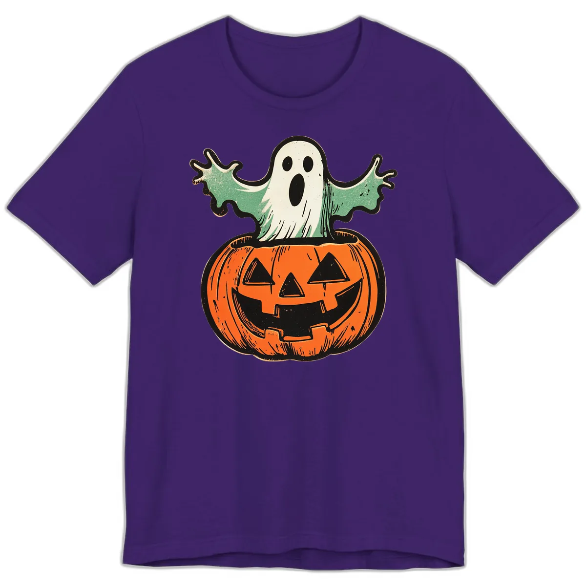 Spooky Ghost Peeking From Pumpkin Premium T-Shirt in Team Purple