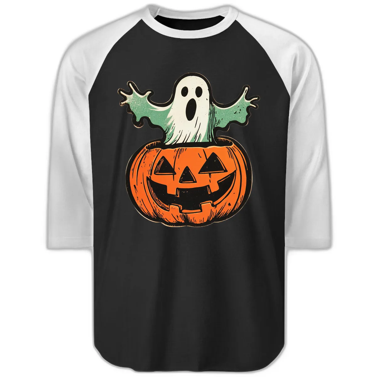 Spooky Ghost Peeking From Pumpkin Raglan 3/4 in Black White