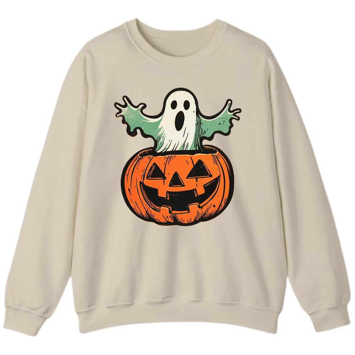 Spooky Ghost Peeking From Pumpkin Sweatshirt in Sand