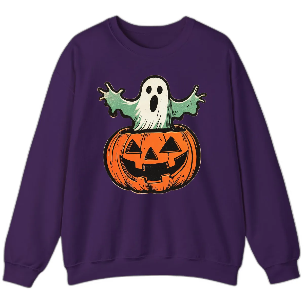 Spooky Ghost Peeking From Pumpkin Sweatshirt in Purple