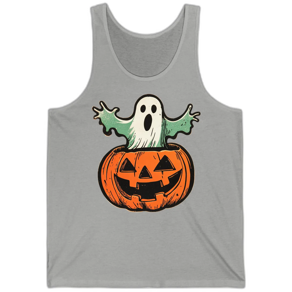 Spooky Ghost Peeking From Pumpkin Tank in Athletic Heather