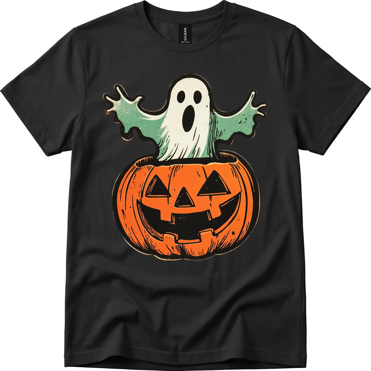 Spooky Ghost Peeking From Pumpkin T-Shirt in Black