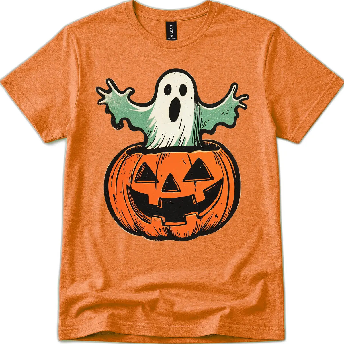Spooky Ghost Peeking From Pumpkin T-Shirt in Heather Orange