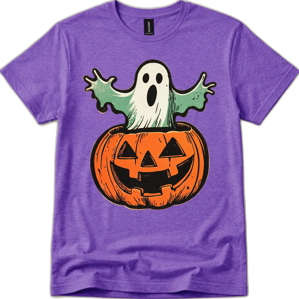Spooky Ghost Peeking From Pumpkin T-Shirt in Heather Purple