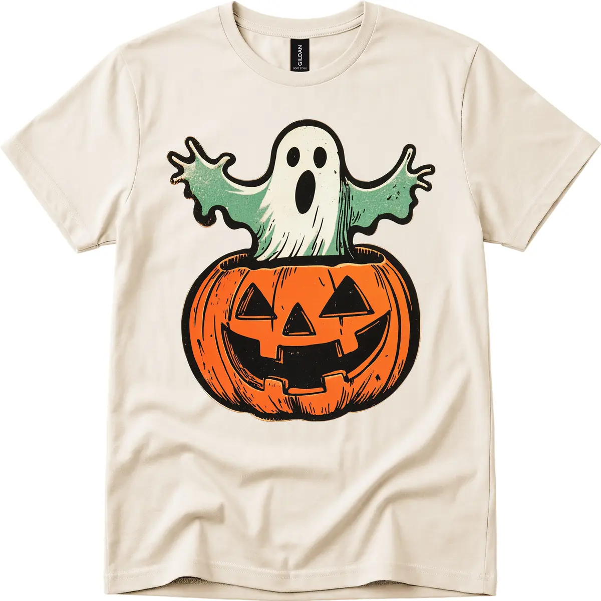 Spooky Ghost Peeking From Pumpkin T-Shirt in Natural