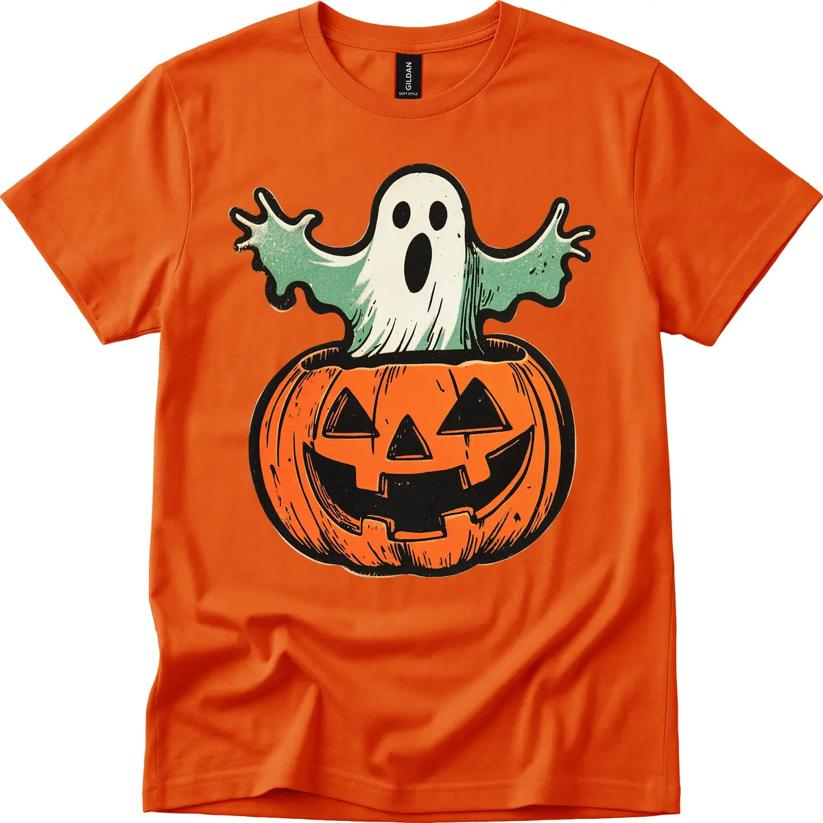 Spooky Ghost Peeking From Pumpkin T-Shirt in Orange